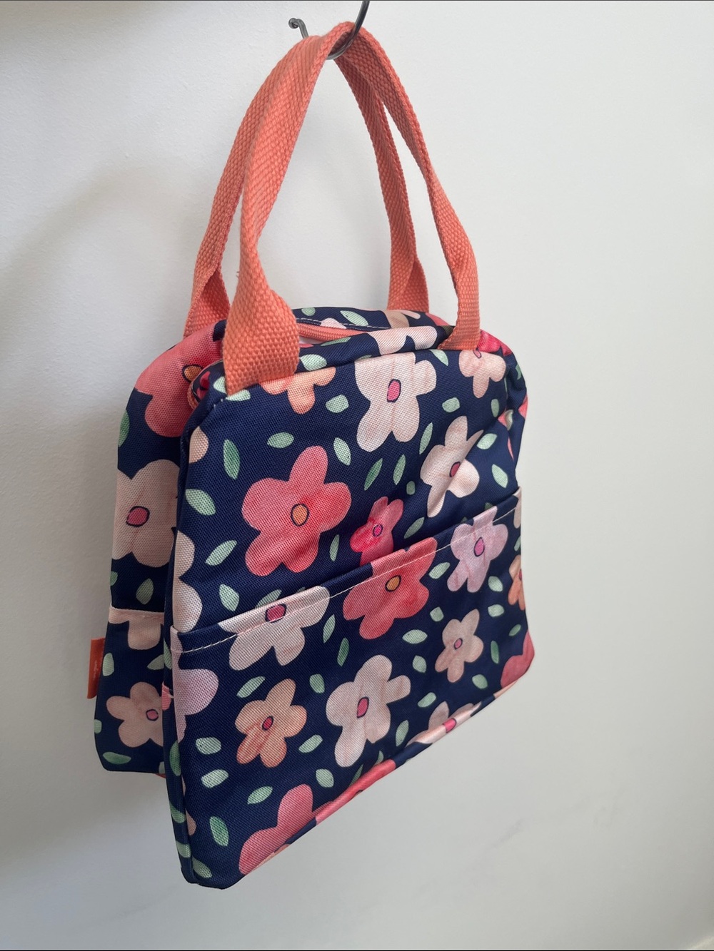NWT Navy Floral Canvas Lunch Bag / Tote with Coral Handles - Picture 2 of 5